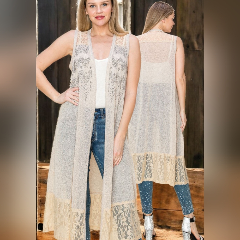 NWOT VOCAL Cream and Tan Bohemian Lace Vest